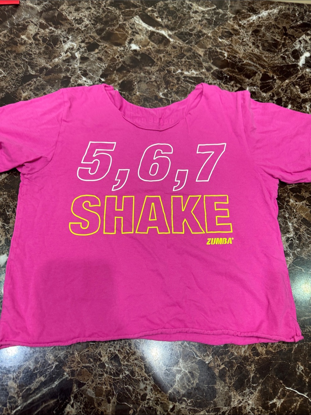 Zumba Fitness Women Hot Pink '5,6,7 SHAKE' Graphic Tee with Yellow Accents